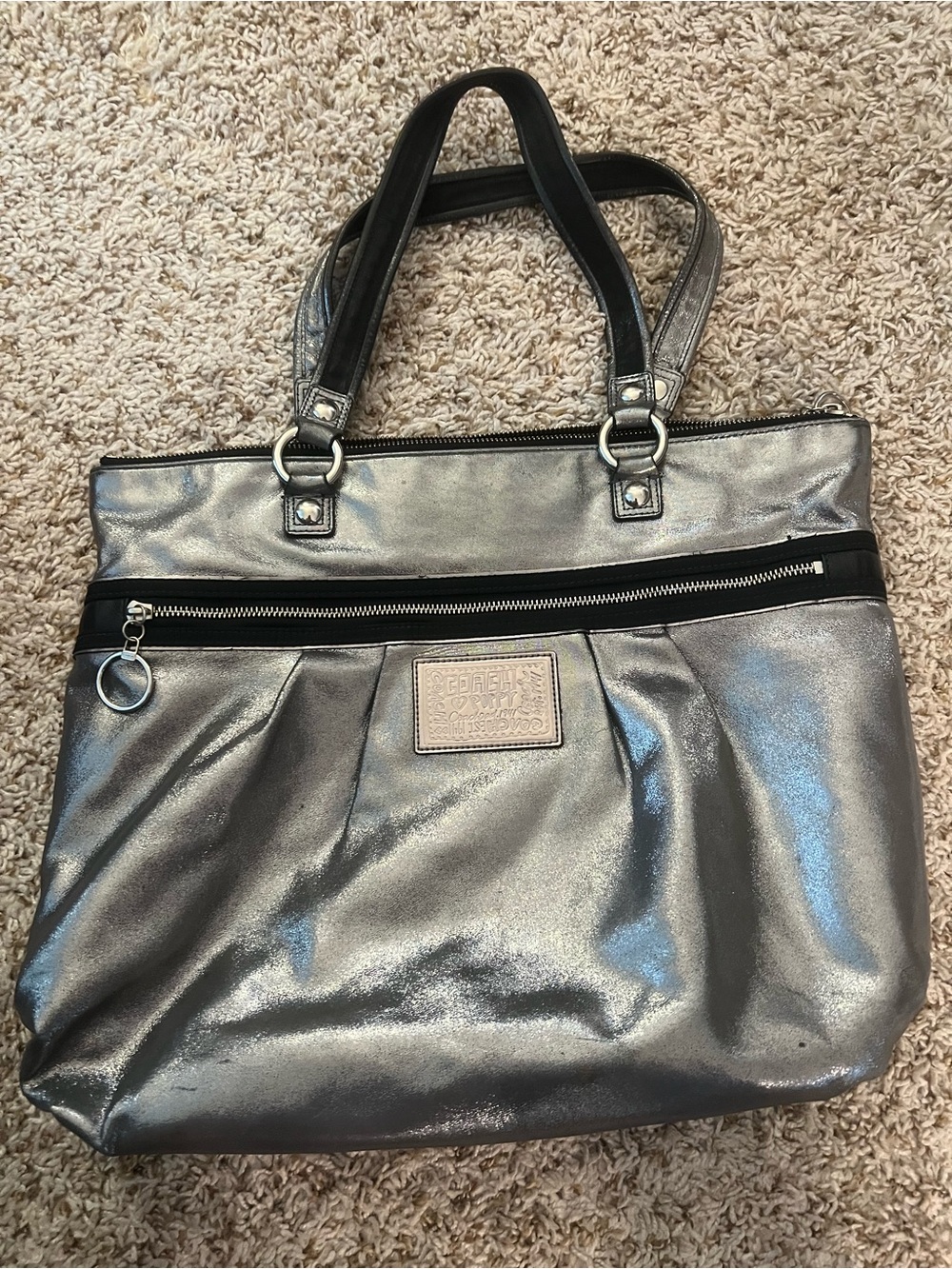 Coach Poppy silver metallic tote bag 11.25" L x 10.75" H x 4" depth (approx)